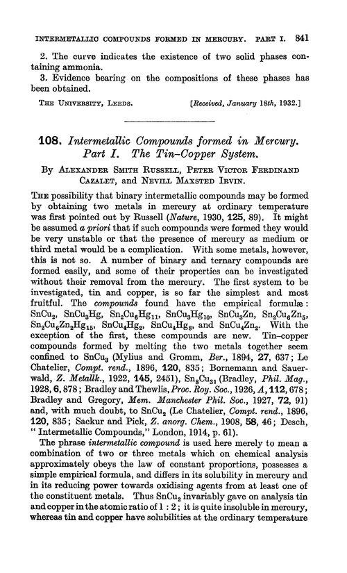 108. Intermetallic compounds formed in mercury. Part I. The tin–copper system
