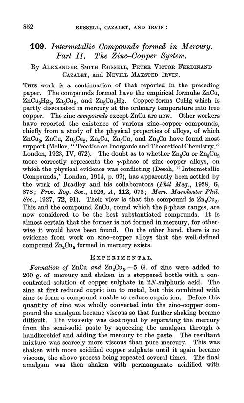 109. Intermetallic compounds formed in mercury. Part II. The zinc–copper system