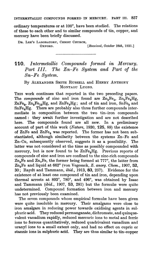 110. Intermetallic compounds formed in mercury. Part III. The Zn–Fe system and part of the Sn–Fe system