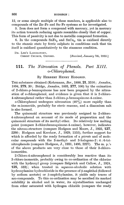 111. The nitrosation of phenols. Part XIII. o-Chlorophenol