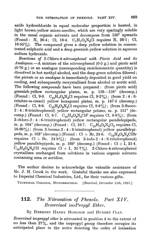 112. The nitrosation of phenols. Part XIV. Resorcinol isopropyl ether