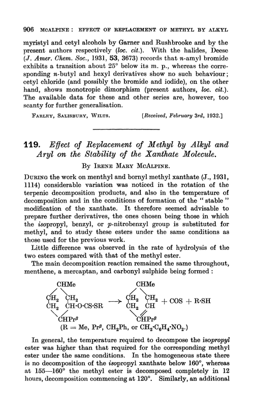 119. Effect of replacement of methyl by alkyl and aryl on the stability of the xanthate molecule