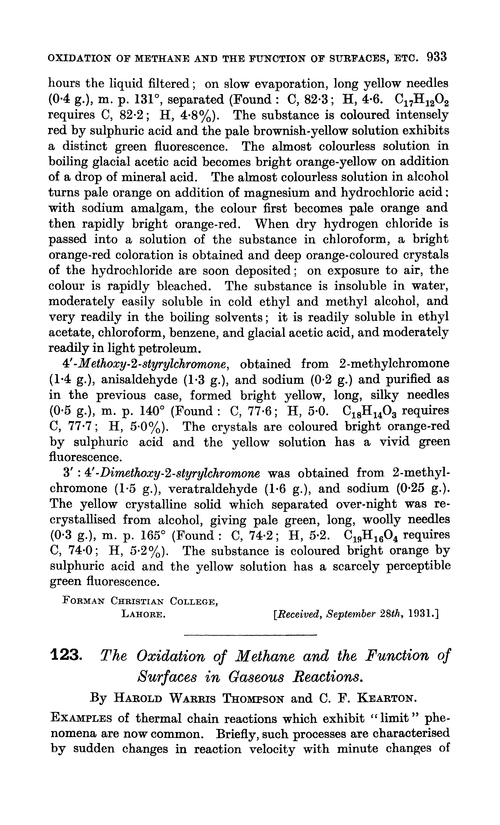 123. The oxidation of methane and the function of surfaces in gaseous reactions