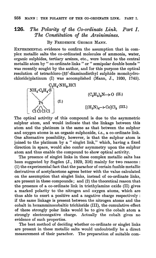 126. The polarity of the co-ordinate link. Part I. The constitution of the arsinimines