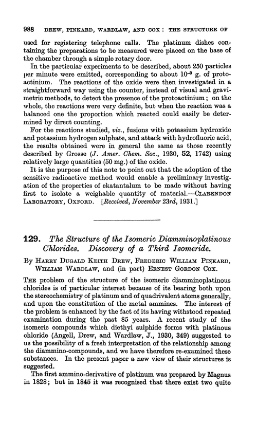 129. The structure of the isomeric diamminoplatinous chlorides. Discovery of a third isomeride