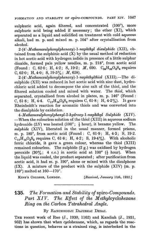 135. The formation and stability of spiro-compounds. Part XIV. The effect of the methylcyclohexane ring on the carbon tetrahedral angle