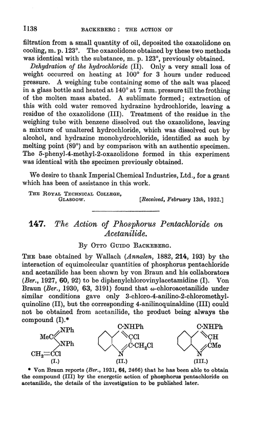 147. The action of phosphorus pentachloride on acetanilide