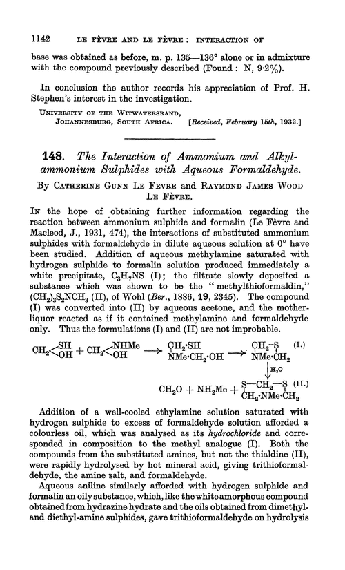 148. The interaction of ammonium and alkylammonium sulphides with aqueous formaldehyde