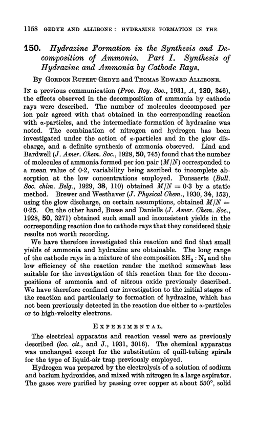 150. Hydrazine formation in the synthesis and decomposition of ammonia. Part I. Synthesis of hydrazine and ammonia by cathode rays
