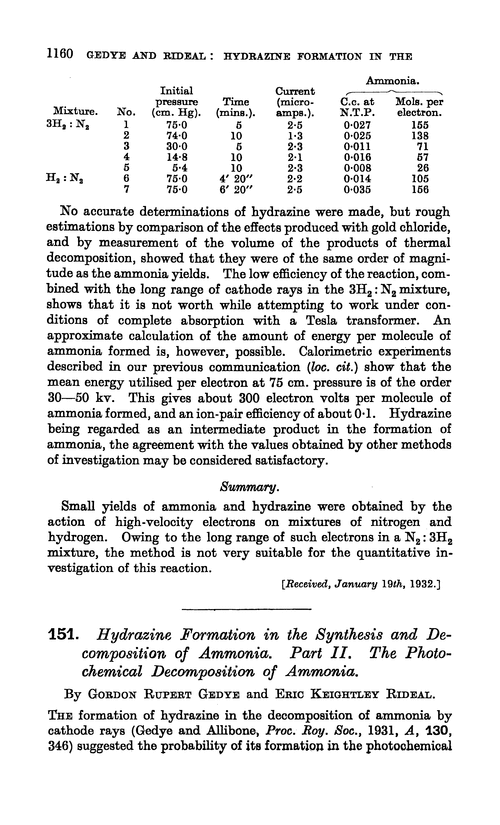 151. Hydrazine formation in the synthesis and decomposition of ammonia. Part II. The photochemical decomposition of ammonia