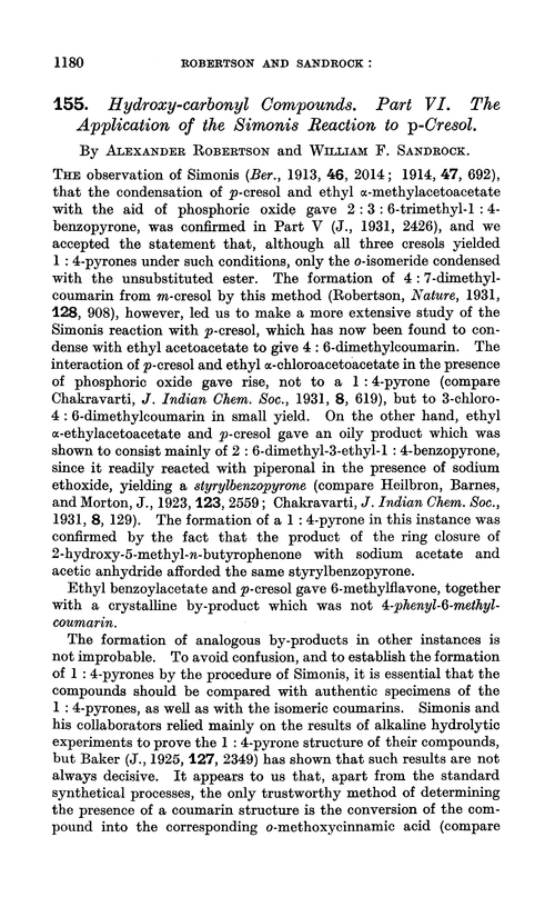 155. Hydroxy-carbonyl compounds. Part VI. The application of the simonis reaction to p-cresol