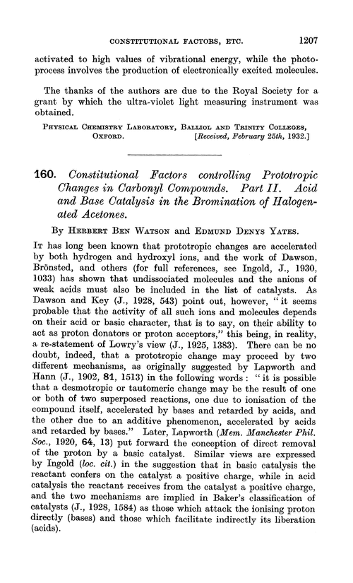 160. Constitutional factors controlling prototropic changes in carbonyl compounds. Part II. Acid and base catalysis in the bromination of halogenated acetones