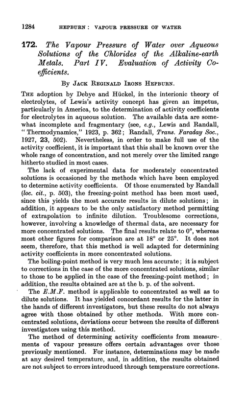 172. The vapour pressure of water over aqueous solutions of the chlorides of the alkaline-earth metals. Part IV. Evaluation of activity coefficients
