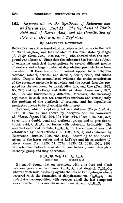 181. Experiments on the synthesis of rotenone and its derivatives. Part II. The synthesis of rissic acid and of derric acid, and the constitution of rotenone, deguelin, and tephrosin