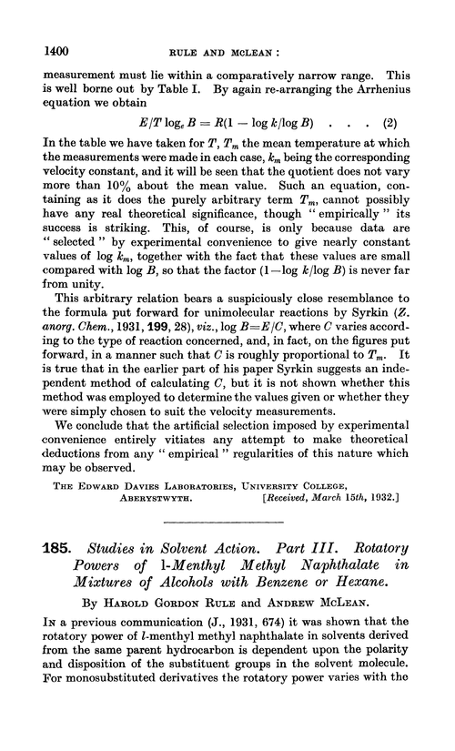 185. Studies in solvent action. Part III. Rotatory powers of l-menthyl methyl naphthalate in mixtures of alcohols with benzene or hexane