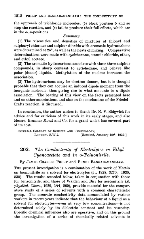 203. The conductivity of electrolytes in ethyl cyanoacetate and in o-toluonitrile