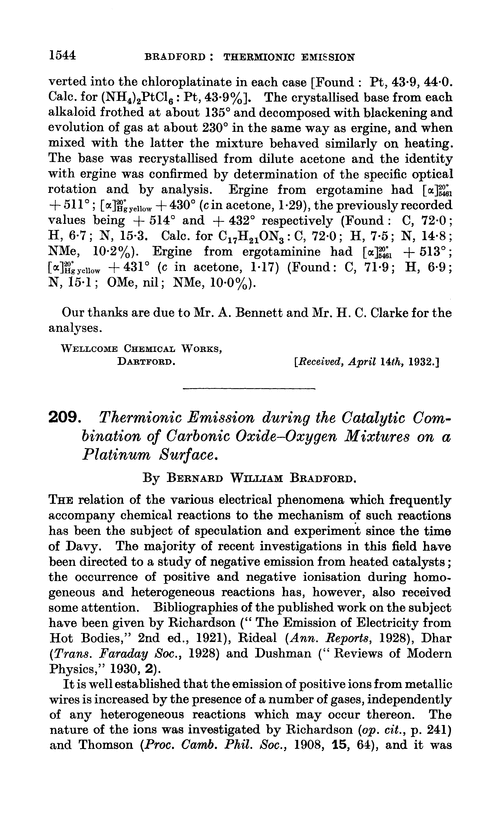209. Thermionic emission during the catalytic combination of carbonic oxide–oxygen mixtures on a platinum surface