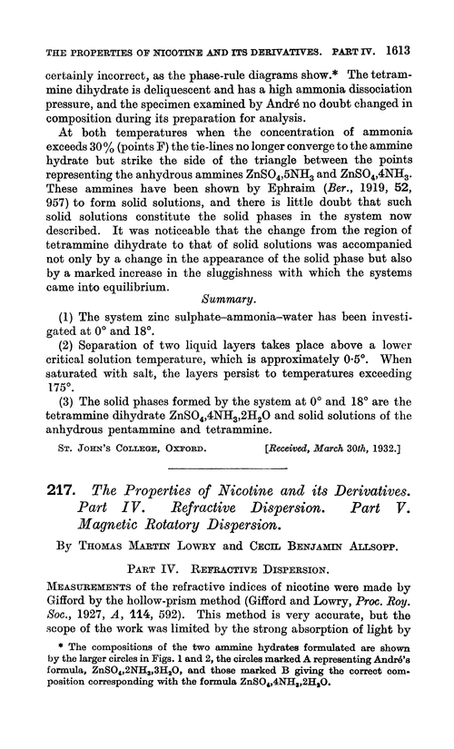 217. The properties of nicotine and its derivatives. Part IV. Refractive dispersion. Part V. Magnetic rotatory dispersion