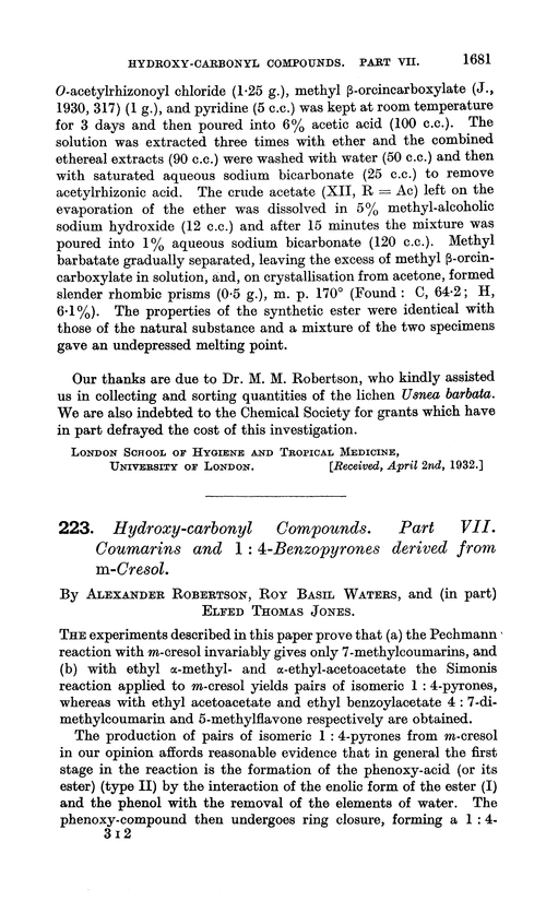 223. Hydroxy-carbonyl compounds. Part VII. Coumarins and 1 : 4-benzopyrones derived from m-cresol