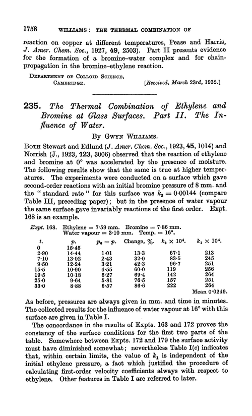 235. The thermal combination of ethylene and bromine at glass surfaces. Part II. The influence of water
