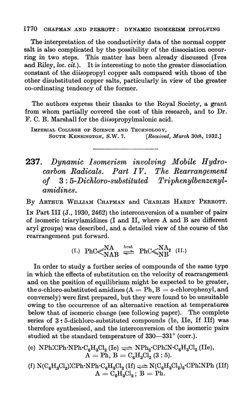 237. Dynamic isomerism involving mobile hydrocarbon radicals. Part IV. The rearrangement of 3 : 5-dichloro-substituted triphenylbenzenylamidines