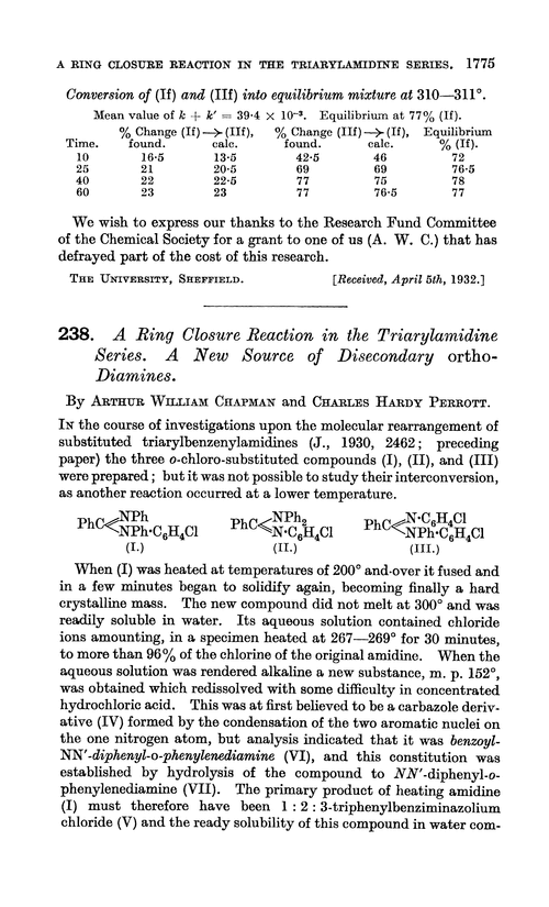 238. A ring closure reaction in the triarylamidine series. A new source of disecondary ortho-diamines