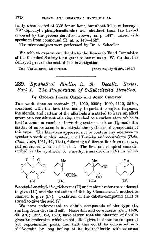239. Synthetical studies in the decalin series. Part I. The preparation of 9-substituted decalins