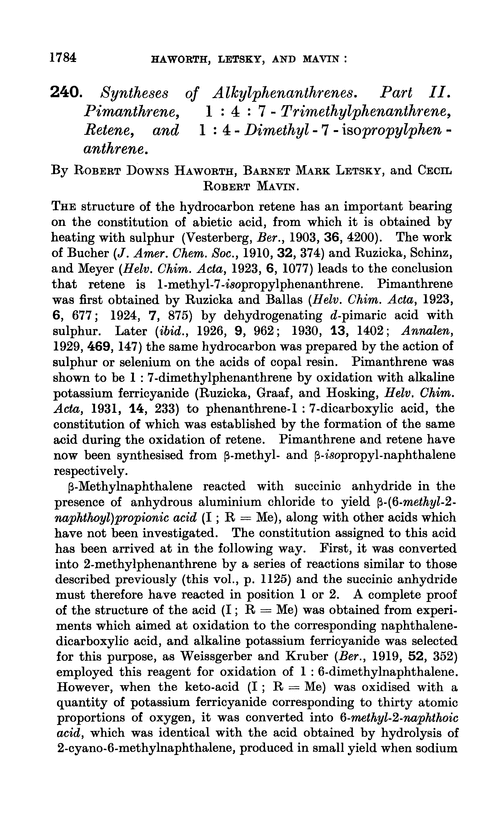 240. Syntheses of alkylphenanthrenes. Part II. Pimanthrene, 1 : 4 : 7-trimethylphenanthrene, retene, and 1 : 4-dimethyl-7-isopropylphen-anthrene