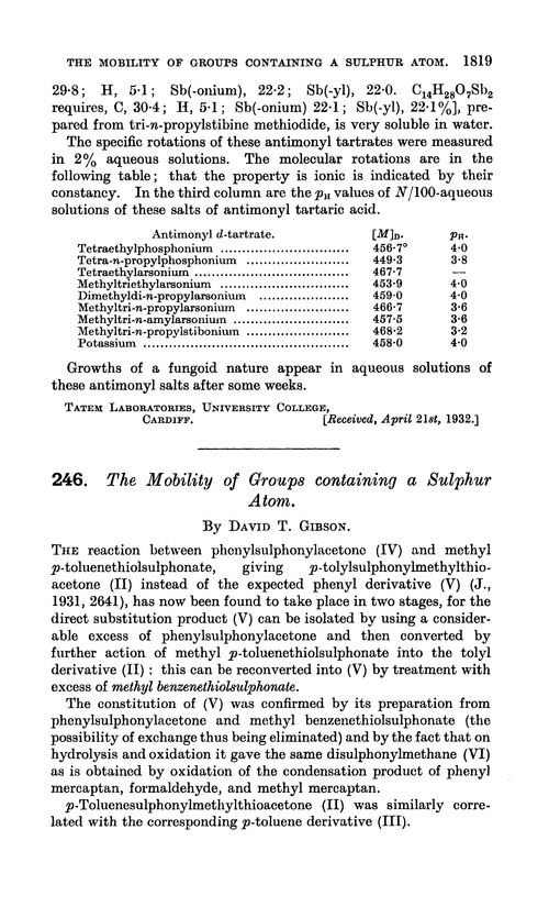 246. The mobility of groups containing a sulphur atom