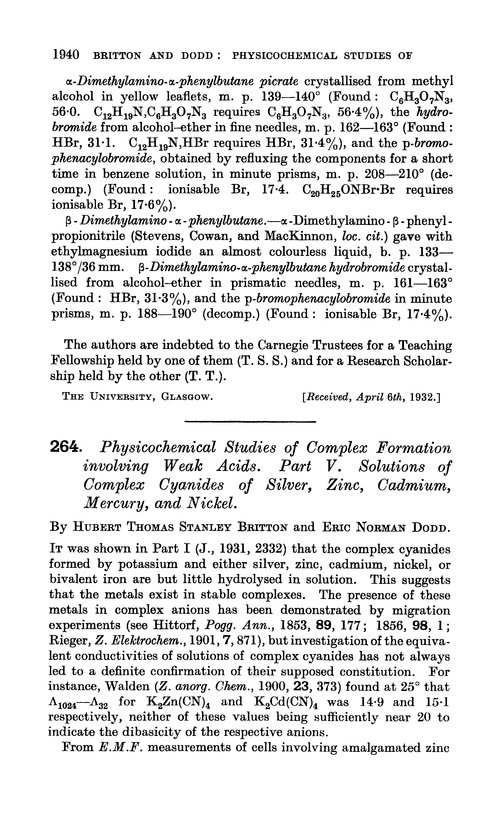 264. Physicochemical studies of complex formation involving weak acids. Part V. Solutions of complex cyanides of silver, zinc, cadmium, mercury, and nickel