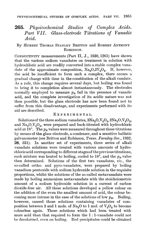 265. Physicochemical studies of complex acids. Part VII. Glass-electrode titrations of vanadic acid