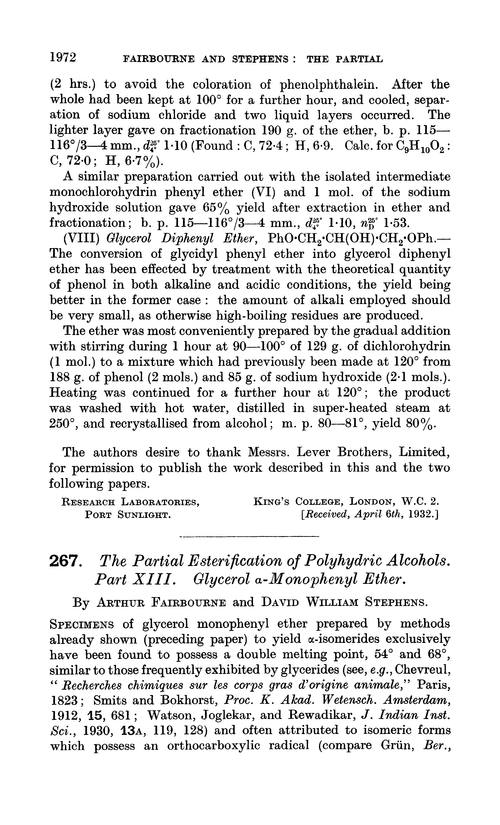 267. The partial esterification of polyhydric alcohols. Part XIII. Glycerol α-monophenyl ether