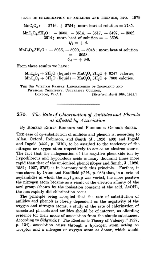 270. The rate of chlorination of anilides and phenols as affected by association