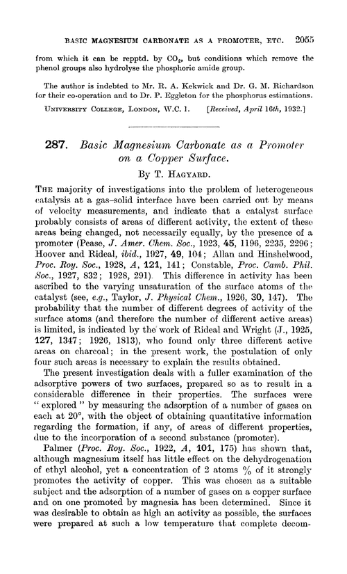 287. Basic magnesium carbonate as a promoter on a copper surface