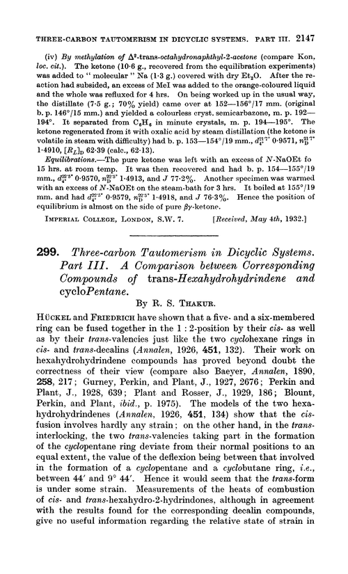 299. Three-carbon tautomerism in dicyclic systems. Part III. A comparison between corresponding compounds of trans-hexahydrohydrindene and cyclopentane