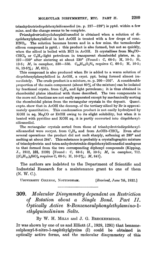 309. Molecular dissymmetry dependent on restriction of rotation about a single bond. Part II. Optically active 8-benzenesulphonylethylamino-1-ethylquinolinium salts