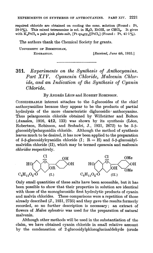 311. Experiments on the synthesis of anthocyanins. Part XIV. Cyanenin chloride, malvenin chloride, and an indication of the synthesis of cyanin chloride