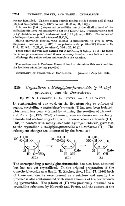 319. Crystalline α-methylglucofuranoside (γ-methylglucoside) and its derivatives