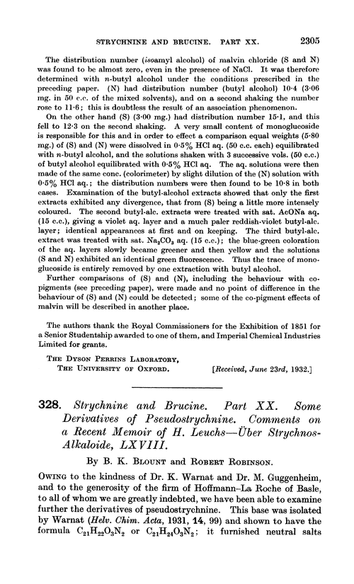 328. Strychnine and brucine. Part XX. Some derivatives of pseudostrychnine. Comments on a recent memoir of H. Leuchs—über strychnos-alkaloide, LXVIII