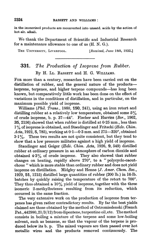 331. The production of isoprene from rubber