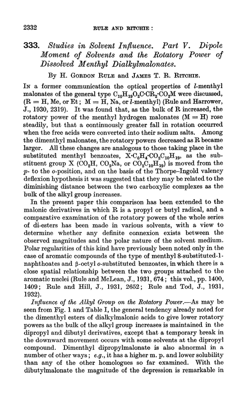 333. Studies in solvent influence. Part V. Dipole moment of solvents and the rotatory power of dissolved menthyl dialkylmalonates