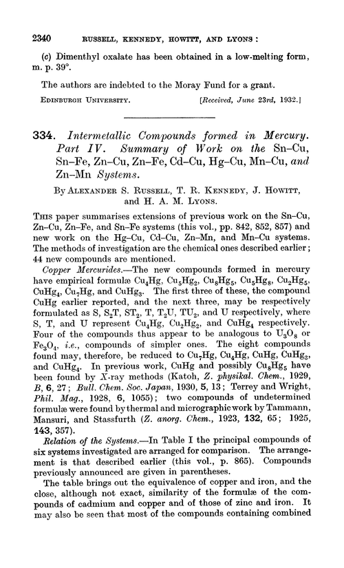 334. Intermetallic compounds formed in mercury. Part IV. Summary of work on the Sn–Cu, Sn–Fe, Zn–Cu, Zn–Fe, Cd–Cu, Hg–Cu, Mn–Cu, and Zn–Mn systems