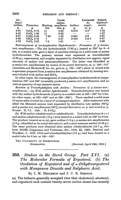 350. Studies in the sterol group. Part XVI. (a) The molecular formula of ergosterol. (b) The oxidation of ergosterol and of α-dihydroergosterol with manganese dioxide and sulphuric acid