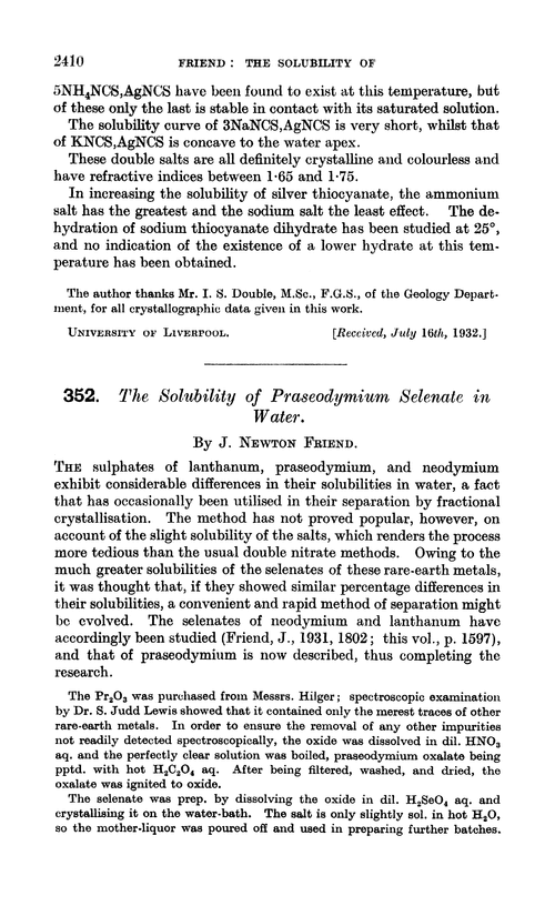 352. The solubility of praseodymium selenate in water