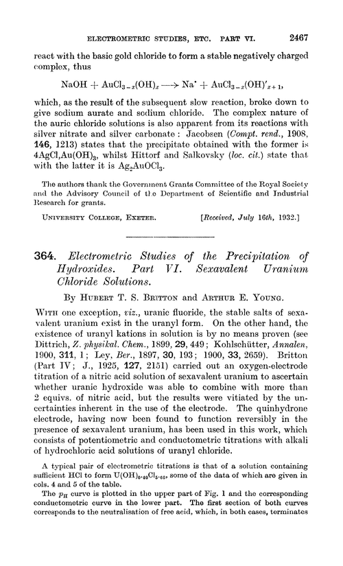 364. Electrometric studies of the precipitation of hydroxides. Part VI. Sexavalent uranium chloride solutions