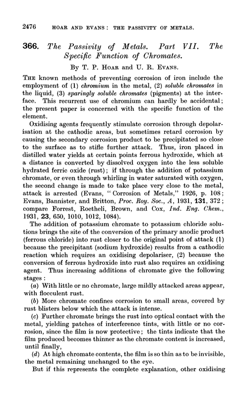 366. The passivity of metals. Part VII. The specific function of chromates