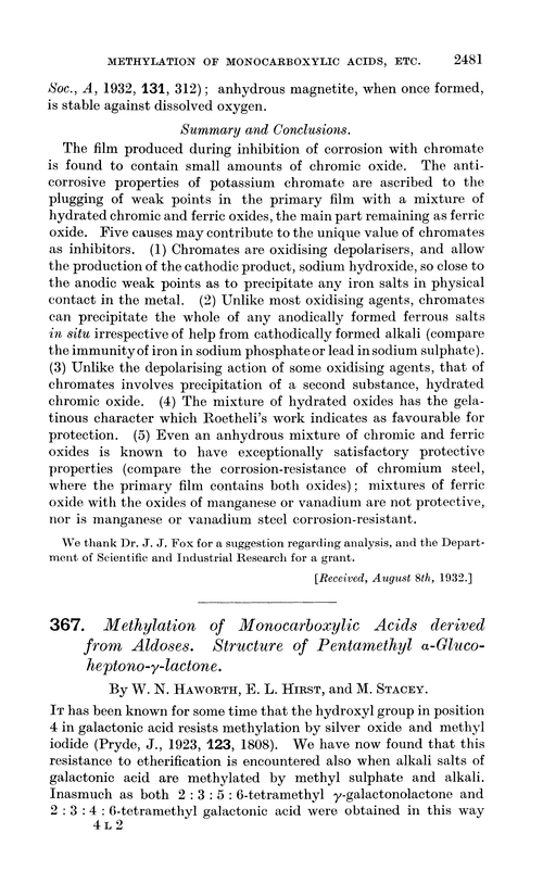 367. Methylation of monocarboxylic acids derived from aldoses. Structure of pentamethyl α-glucoheptono-γ-lactone