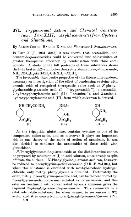 371. Trypanocidal action and chemical constitution. Part XIII. Arylthioarsinites from cysteine and glutathione