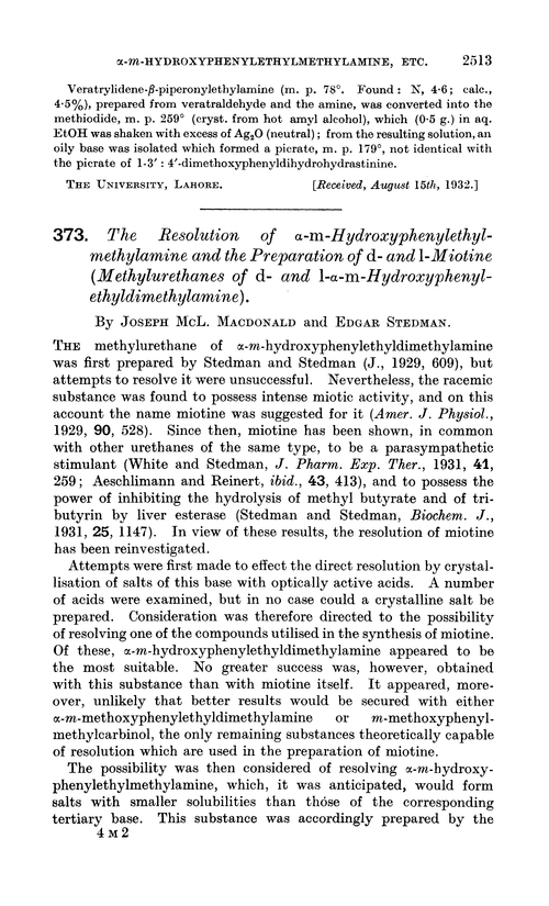 373. The resolution of α-m-hydroxyphenylethylmethylamine and the preparation of d- and 1-miotine (methylurethanes of d- and 1-α-m-hydroxyphenylethyldimethylamine)