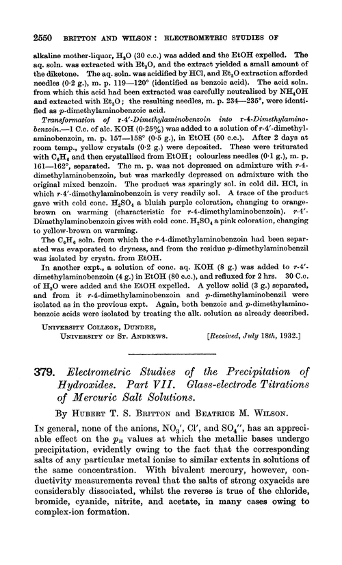 379. Electrometric studies of the precipitation of hydroxides. Part VII. Glass-electrode titrations of mercuric salt solutions